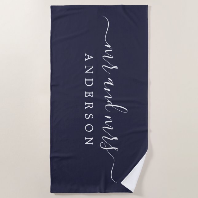 Chic Newlywed Mr Mrs Dark Blue Monogrammed Beach Towel (Front)