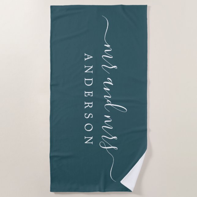 Chic Newlywed Mr Mrs Emerald Green Monogrammed Beach Towel (Front)