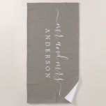 Chic Newlywed Mr Mrs Grey Monogrammed Beach Towel<br><div class="desc">Chic grey monogrammed beach towel with the large text Mr and Mrs in white elegant script. The colour felted wool is used for this luxurious beach towel you can customise with your married name. Perfect gift for the newlywed couple. Exclusively designed for you by Happy Dolphin Studio.</div>