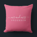 Chic Newlywed Mr Mrs Hot Pink Monogram Cushion<br><div class="desc">Chic, modern monogrammed pillow with the text Mr and Mrs in white elegant script on an Ibiza hot pink background. Simply add your married name. Perfect gift for the newlywed couple. Exclusively designed for you by Happy Dolphin Studio. If you need any help or matching products please contact us at...</div>