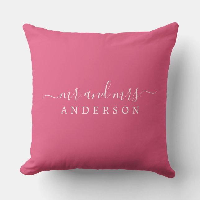 Chic Newlywed Mr Mrs Hot Pink Monogram Cushion (Front)