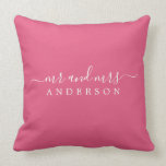 Chic Newlywed Mr Mrs Hot Pink Monogram Cushion<br><div class="desc">Chic, modern monogrammed pillow with the text Mr and Mrs in white elegant script on an Ibiza hot pink background. Simply add your married name. Perfect gift for the newlywed couple. Exclusively designed for you by Happy Dolphin Studio. If you need any help or matching products please contact us at...</div>