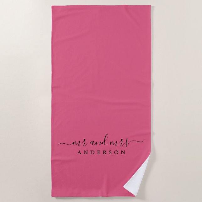 Chic Newlywed Mr Mrs Hot Pink White Monogrammed Beach Towel (Front)