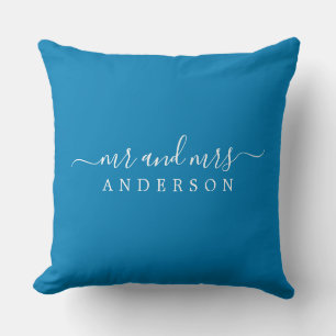 Chic Newlywed Mr Mrs Ibiza Blue Monogram Cushion
