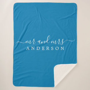 Chic Newlywed Mr Mrs Ibiza Blue Monogram Sherpa Blanket