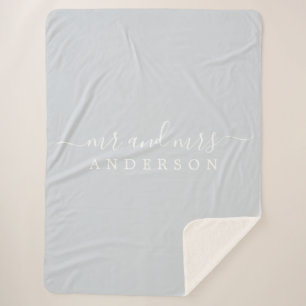 Chic Newlywed Mr Mrs Ice Blue Monogram Sherpa Blanket