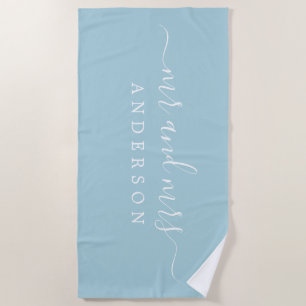 Chic Newlywed Mr Mrs Monogram Blue Glow Beach Towel