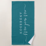 Chic Newlywed Mr Mrs Monogram Harbour Blue Beach Towel<br><div class="desc">Chic and simple monogrammed beach towel with the large text Mr and Mrs in white elegant handwritten script calligraphy on a harbour blue background. You can customise this elegant beach towel with your married name. Perfect gift for the newlywed couple. Exclusively designed for you by Happy Dolphin Studio.</div>