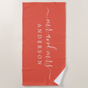 Chic Newlywed Mr Mrs Monogram Mandarin Red Beach Towel