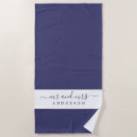 Chic Newlywed Mr Mrs Navy Blue White Monogrammed Beach Towel<br><div class="desc">Chic navy blue and white monogrammed beach towel with the text Mr and Mrs in elegant script. You can customise this elegant beach towel with your married name. Perfect gift for the newlywed couple. Exclusively designed for you by Happy Dolphin Studio.</div>