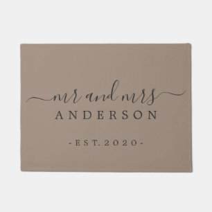 Chic Newlywed Mr Mrs Taupe Family Monogram Doormat