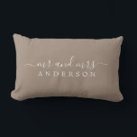 Chic Newlywed Mr Mrs Taupe Monogram Lumbar Cushion<br><div class="desc">Chic, modern monogrammed taupe pillow with the text Mr and Mrs in white elegant script. Simply add your married name. The taupe brown colour dry dock is used for this stylish design. Perfect luxury gift for the newlywed couple. Exclusively designed for you by Happy Dolphin Studio. If you need any...</div>