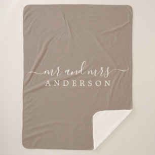 Chic Newlywed Mr Mrs Taupe Monogram Sherpa Blanket