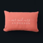 Chic Newlywed Mr Mrs Tropical Coral Monogram Lumbar Cushion<br><div class="desc">Chic, modern monogrammed coral pillow with the text Mr and Mrs in white elegant script. Simply add your married name. The colour living coral is used for this stylish design. Perfect luxury gift for the newlywed couple. Exclusively designed for you by Happy Dolphin Studio. If you need any help or...</div>