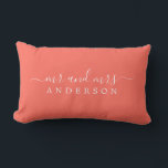 Chic Newlywed Mr Mrs Tropical Coral Monogram Lumbar Cushion<br><div class="desc">Chic, modern monogrammed coral pillow with the text Mr and Mrs in white elegant script. Simply add your married name. The colour living coral is used for this stylish design. Perfect luxury gift for the newlywed couple. Exclusively designed for you by Happy Dolphin Studio. If you need any help or...</div>