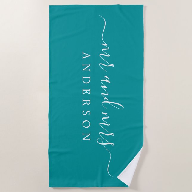Chic Newlywed Mr Mrs Viridian Green Monogrammed Beach Towel (Front)