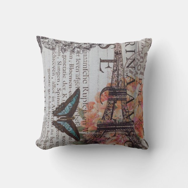 chic newspaper print french Paris Eiffel Tower Cushion (Front)