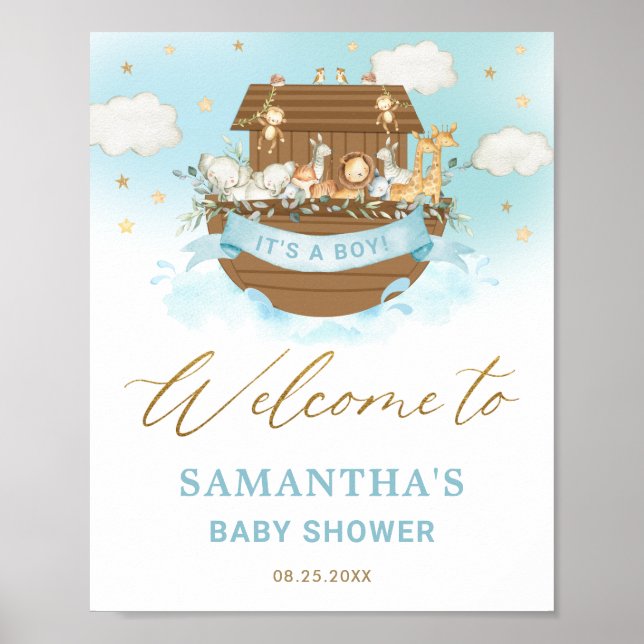 Chic Noah's Ark Boy Baby Shower Welcome Sign (Front)