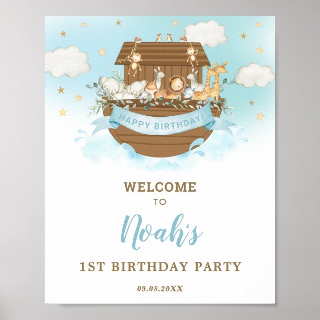 Chic Noah's Ark Boy Birthday Party Welcome Poster (Front)
