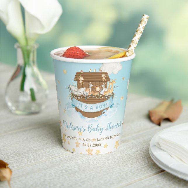 Chic Noah's Ark Cute Animals Blue Boy Baby Shower  Paper Cups (Insitu)