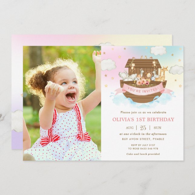 Chic Noah's Ark Cute Animals Girl Birthday Photo  Invitation (Front/Back)