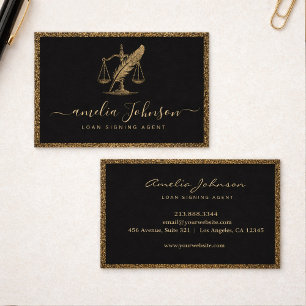 Chic Notary Loan Signing Agent Black Gold Glitter Business Card