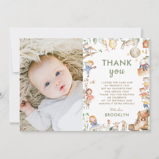 Chic Nursery Rhyme Greenery 1st Birthday Boy Girl Thank You Card (Front)