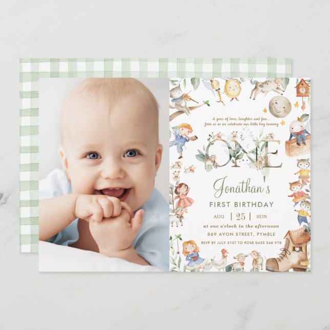 Chic Nursery Rhyme Greenery 1st Birthday Photo Invitation (Front/Back)