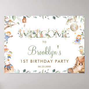 Chic Nursery Rhyme Greenery 1st Birthday Welcome Poster
