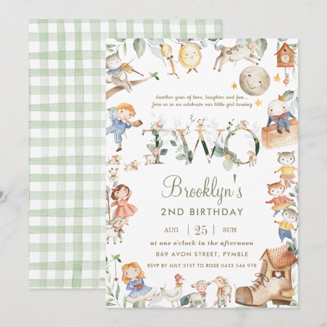 Chic Nursery Rhyme Greenery 2nd Birthday Neutral Invitation (Front/Back)