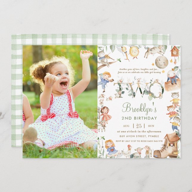 Chic Nursery Rhyme Greenery 2nd Birthday Photo Invitation (Front/Back)