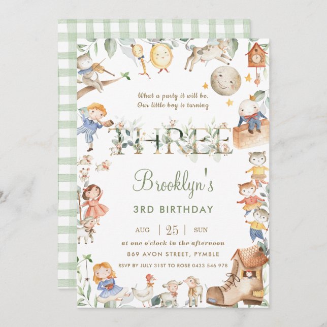 Chic Nursery Rhyme Greenery 3rd Birthday Neutral Invitation (Front/Back)