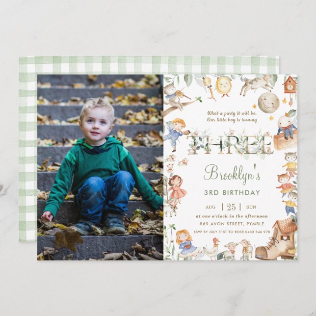 Chic Nursery Rhyme Greenery 3rd Birthday Photo Invitation (Front/Back)