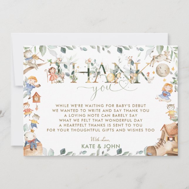 Chic Nursery Rhyme Greenery Baby Shower Boy Girl Thank You Card (Front)