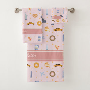 Chic NYC Pattern Pink Custom Name Bath Towel Set