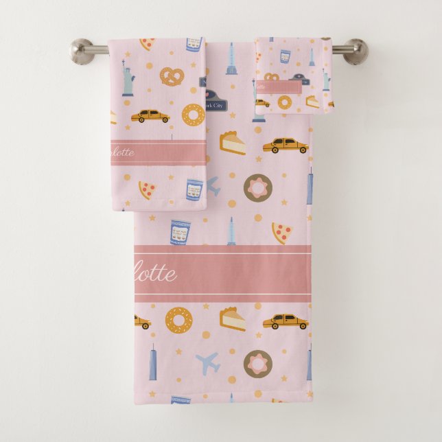 Chic NYC Pattern Pink Custom Name  Bath Towel Set (Insitu)