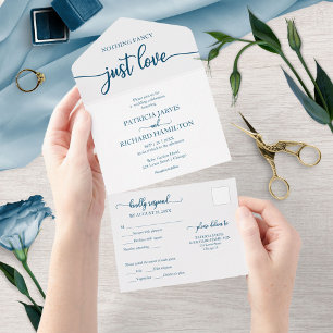 Chic Ocean Blue Calligraphy Casual Wedding All In One Invitation