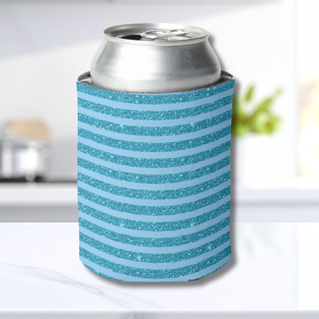 Chic Ocean Blue Glitter Style Horizontal Stripes Can Cooler (Creator Uploaded)
