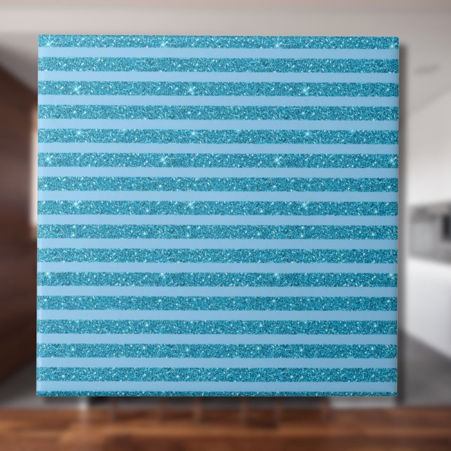 Chic Ocean Blue Glitter Style Horizontal Stripes Ceramic Tile (Creator Uploaded)