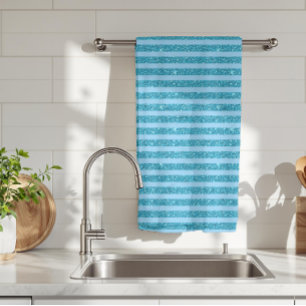 Chic Ocean Blue Glitter Style Horizontal Stripes Tea Towel