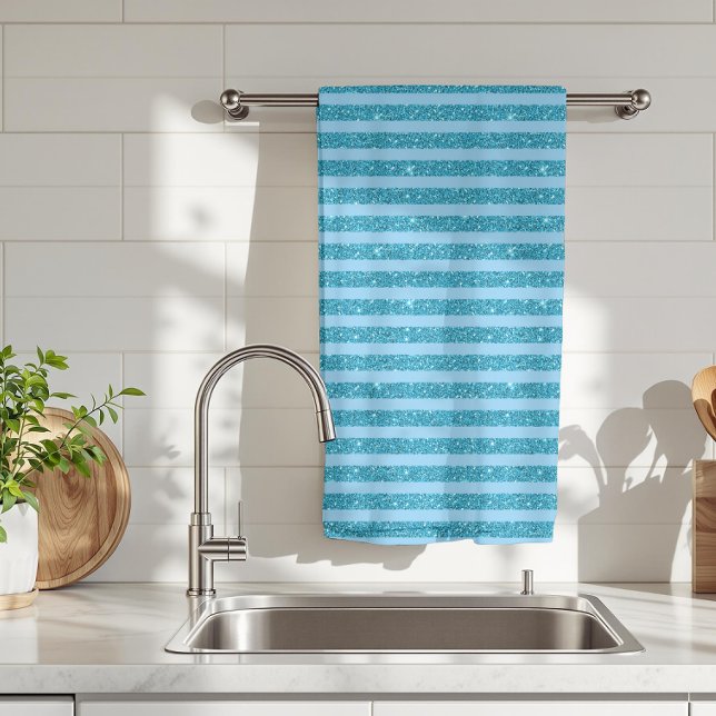 Chic Ocean Blue Glitter Style Horizontal Stripes Tea Towel (Creator Uploaded)