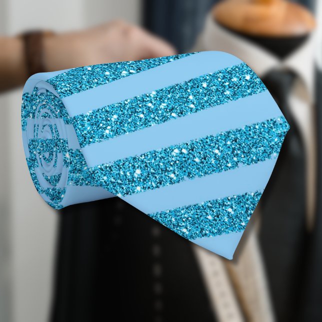 Chic Ocean Blue Glitter Style Horizontal Stripes Tie (Creator Uploaded)