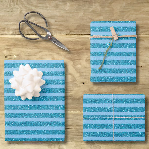 Chic Ocean Blue Glitter Style Horizontal Stripes Wrapping Paper Sheet