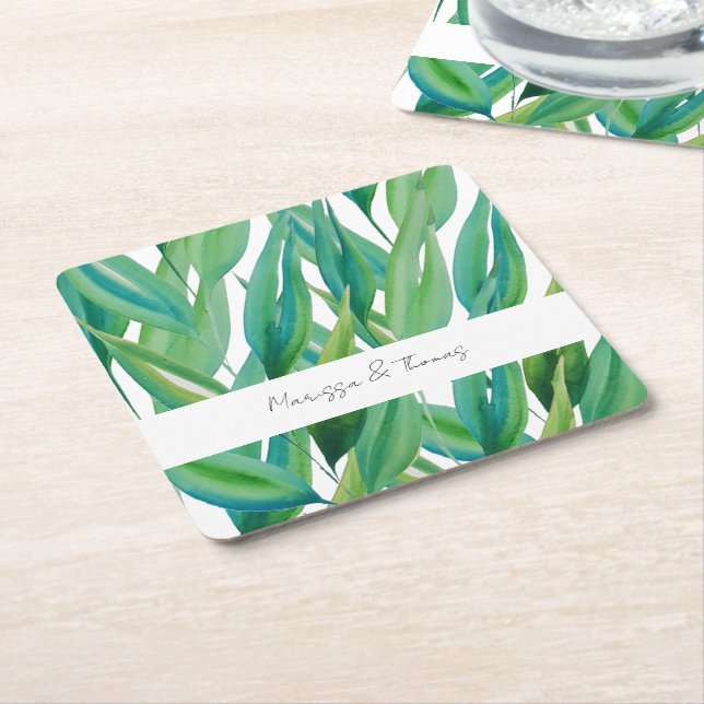 Chic Ocean Green Blue Watercolor Art Square Paper Coaster (Angled)