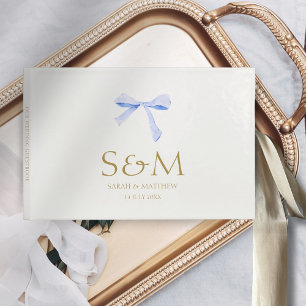 Chic Off White   Blue Ribbon Wedding Welcome Guest Book