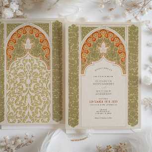 Chic Olive & Coral Art Nouveau Lace Wedding Invitation
