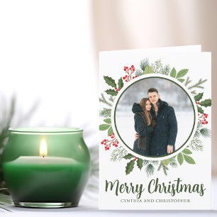 Chic Olive Green Christmas Wreath Photo Folded Holiday Card