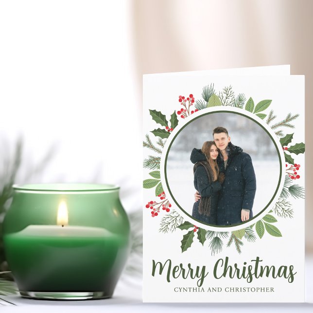Chic Olive Green Christmas Wreath Photo Folded Holiday Card (Creator Uploaded)