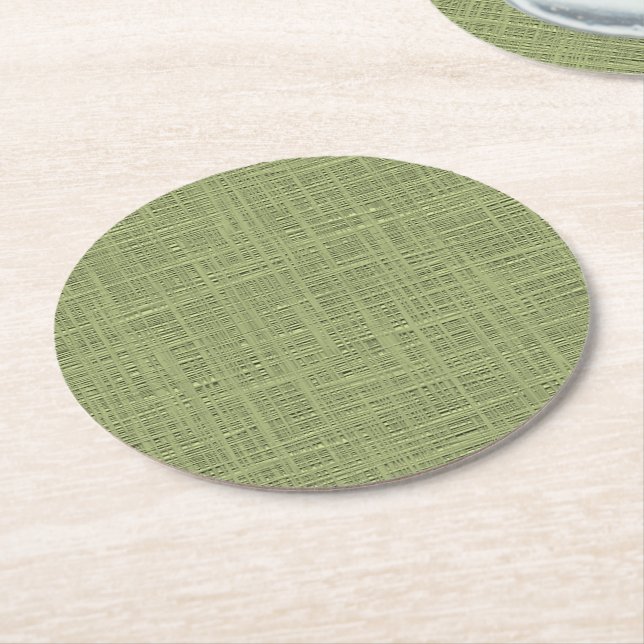 Chic Olive Green Faux Jute Weave Fabric Pattern Round Paper Coaster (Angled)