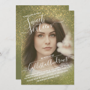 Chic Olive Green Glitter Ombre Photo Sweet 16 Invitation